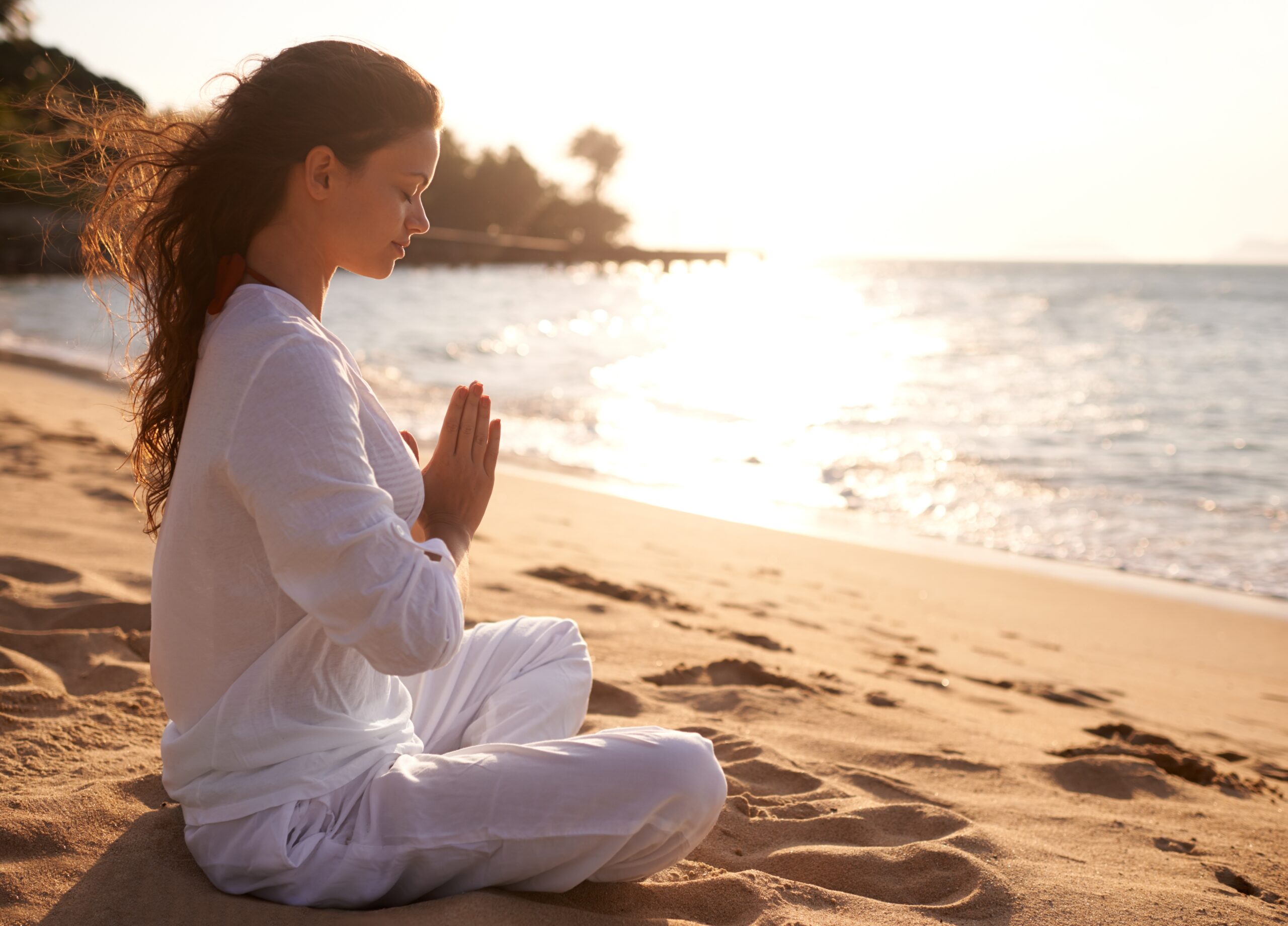 Beach,,Meditation,Or,Woman,With,Prayer,Hands,In,Nature,At