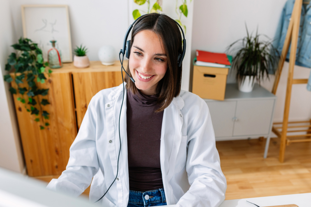 Female telehealth consultant on headsets assisting a patient during an online consultation